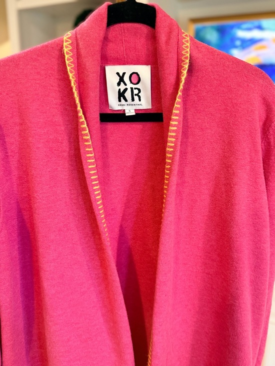 Kerri Rosenthal Sweaters - Kerri Rosenthal XOKR Heart Cardigan Pink Rainbow Stitch Open Front Sweater Small